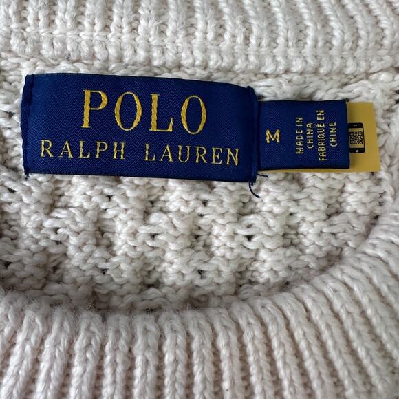 Polo Ralph Lauren Fisherman Sweater Men’s Medium Cream Ivory Chunky Cable Knit - Picture 6 of 10